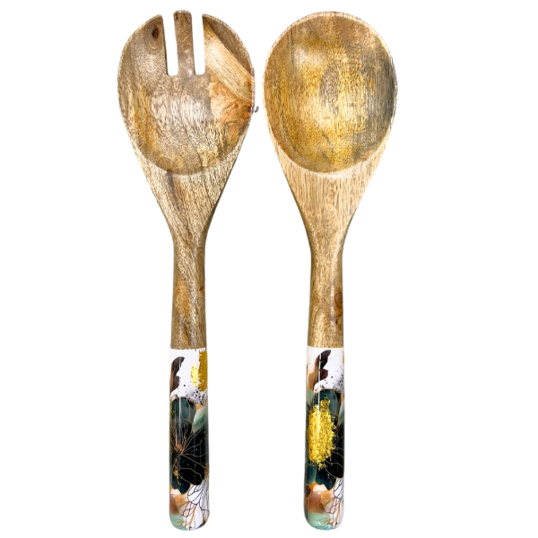 Couvert à salade en bois de Mangier et feuille d'Or