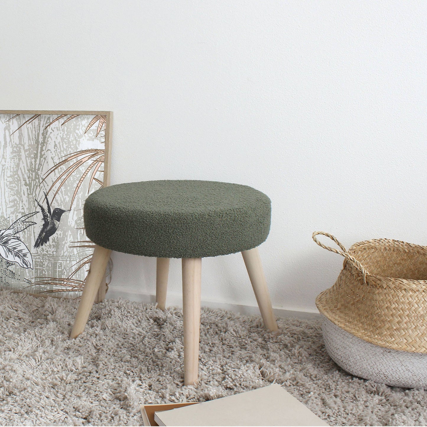 Tabouret Rond Scandinave, 45x40cm, Bois, Collection Lodge
