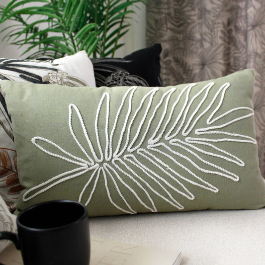Coussin vert olive brodé, rectangulaire 30x50cm, déhoussable